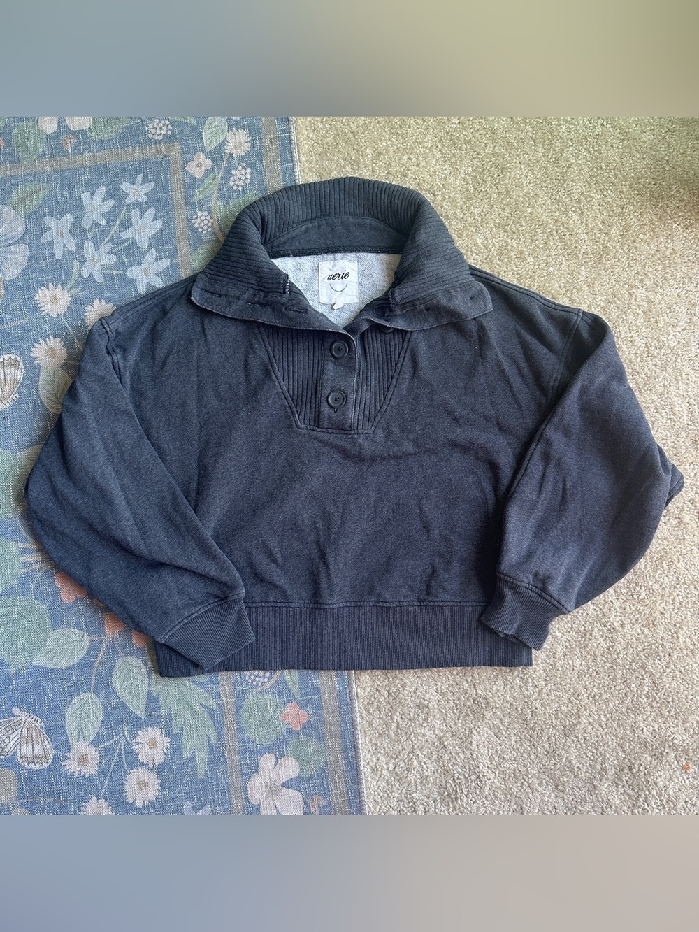 aerie Dark Charcoal Button-Neck Pullover Sweatshirt